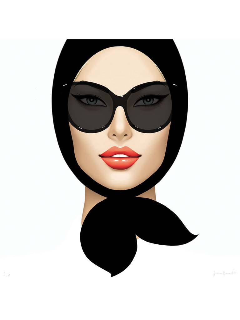 CLARA with headscarf and winged sunglasses